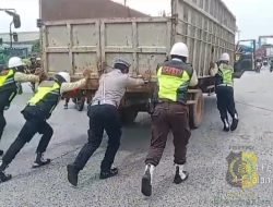 Aksi Heroik Polisi dan Satpam Kompak Dorong Truk Mogok